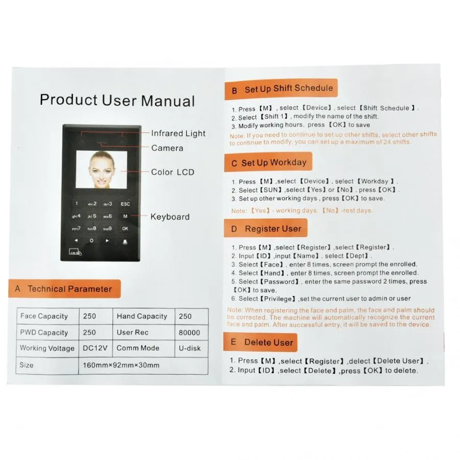 2.8in TFT Face Palmprint Time Attendance Wiegand26 Access Control Machine fingerprint sensor Black
