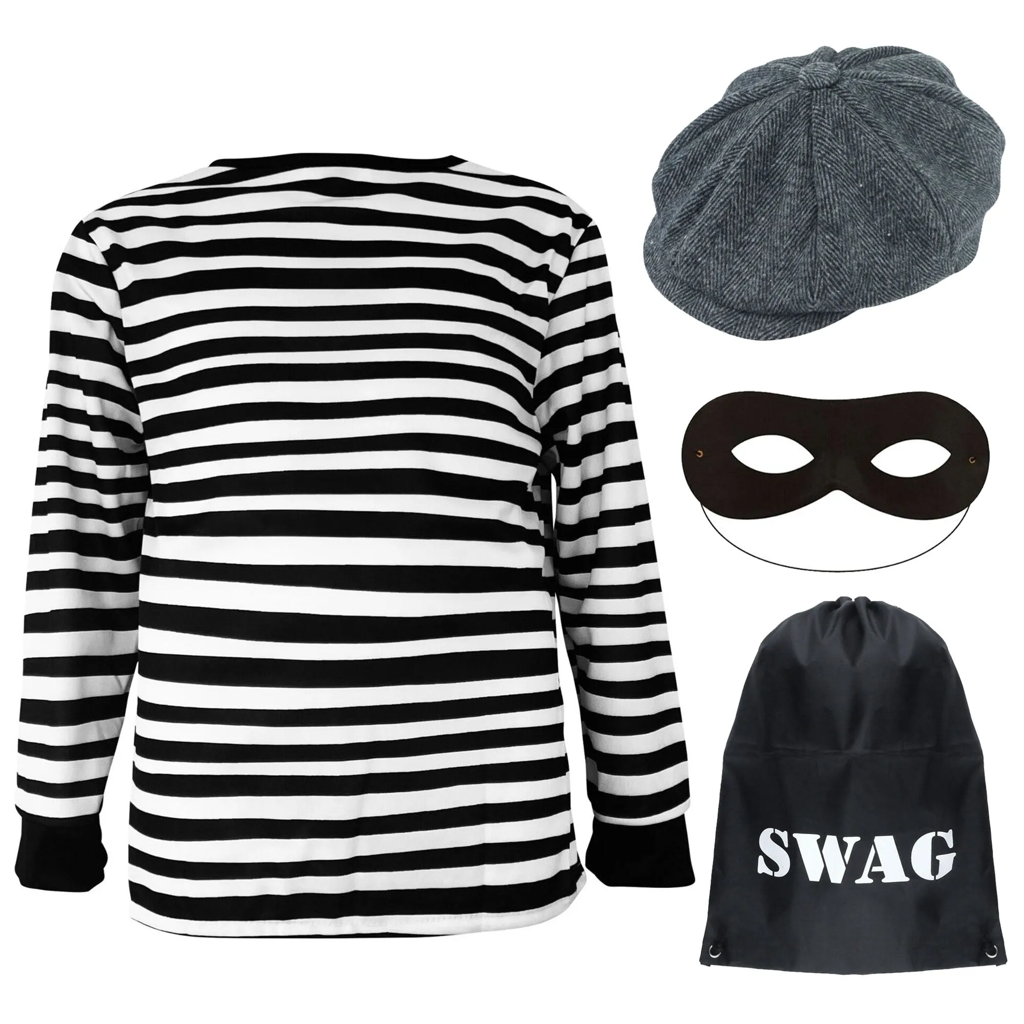 7-12 Years 4pc Childrens Kids Burglar Robber Fancy Dress Costume World Book Day Thief Boys Girls