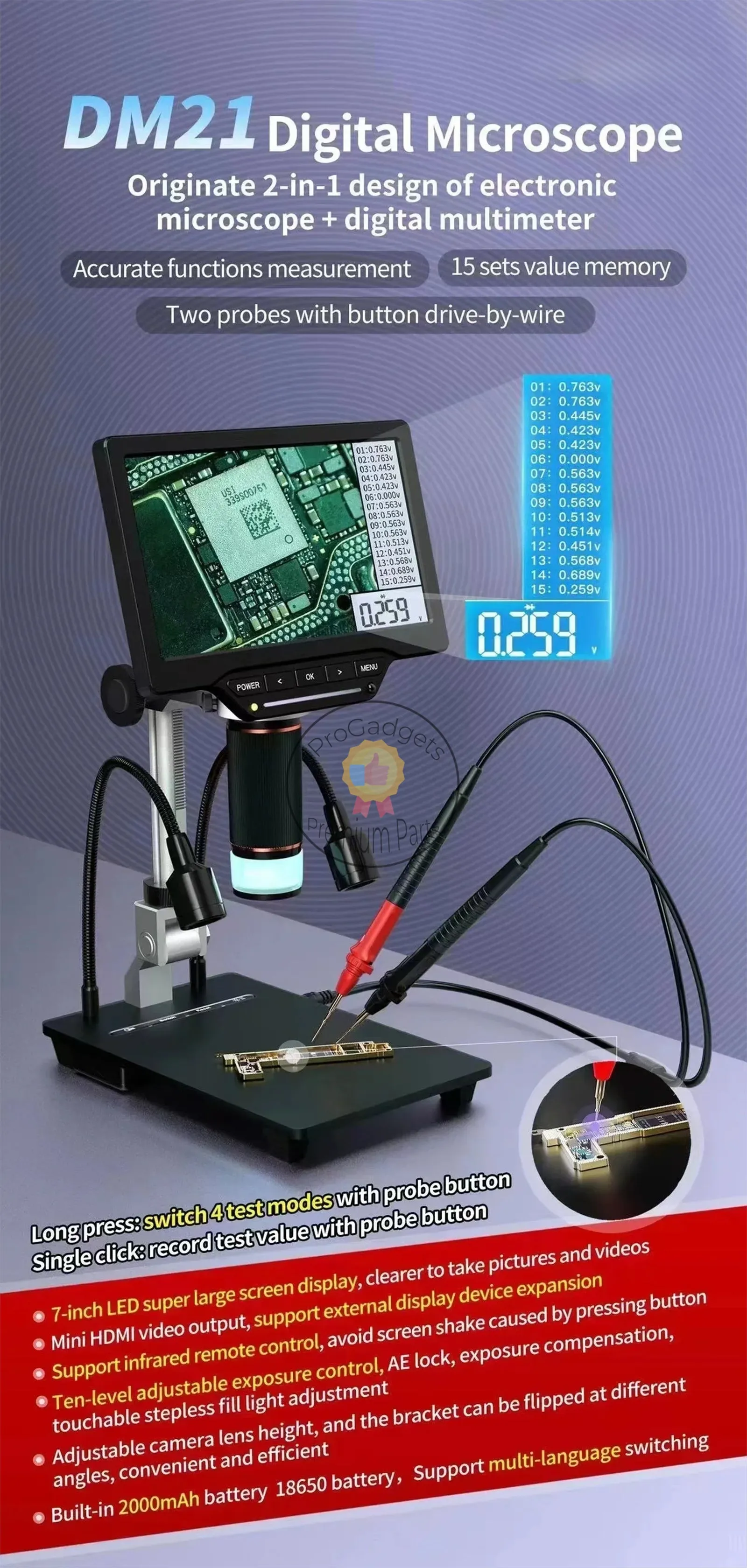AiXun DM21 5X-528X Industry Level With 7 inch HD Digital Measurement Video Microscope for Phone BGA PCB Soldering Repair Tool