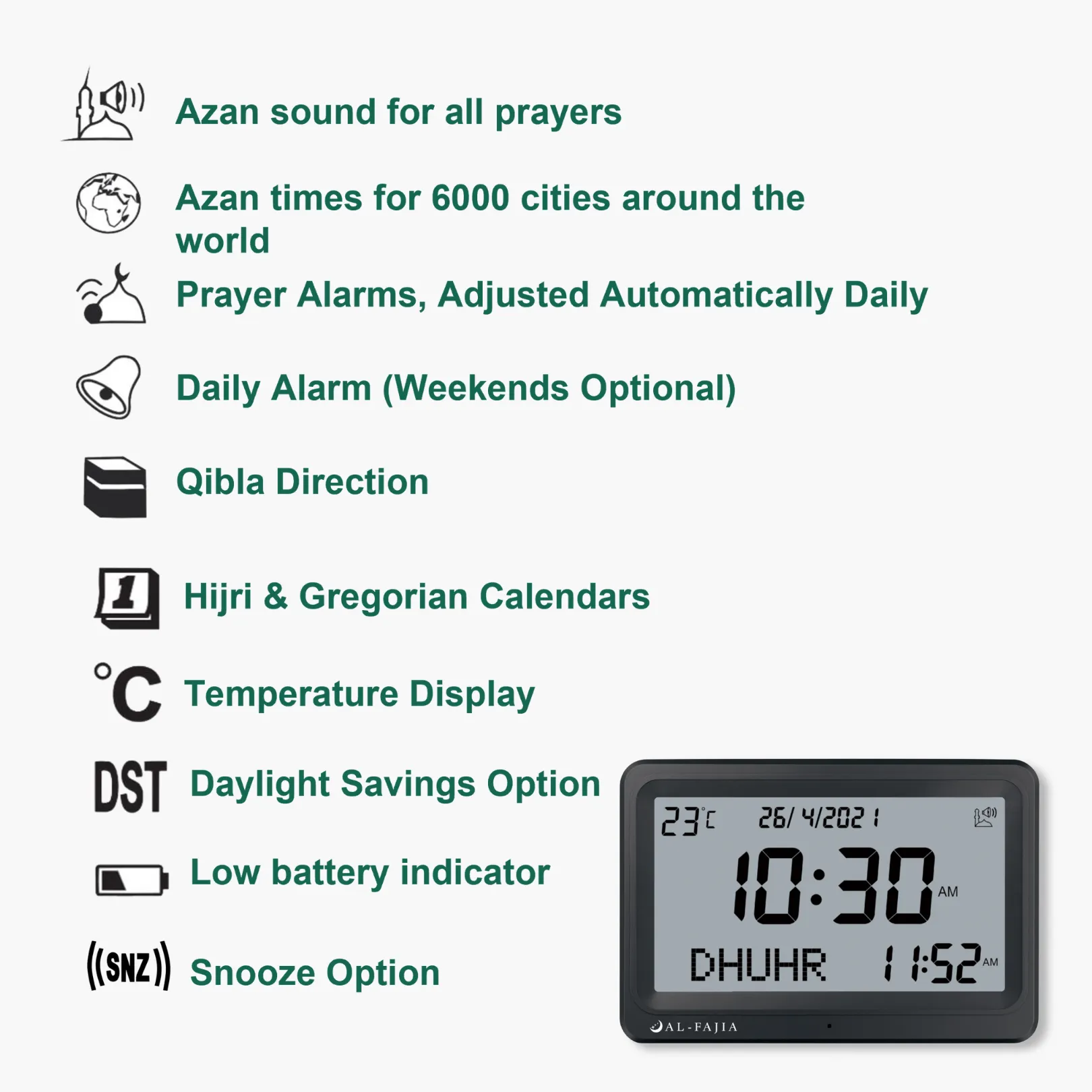 AL-FAJIA Automatic Worldwide Digital 8 Azan Sounds Wall and Desk Clock FAJ-113 (Jet Black)