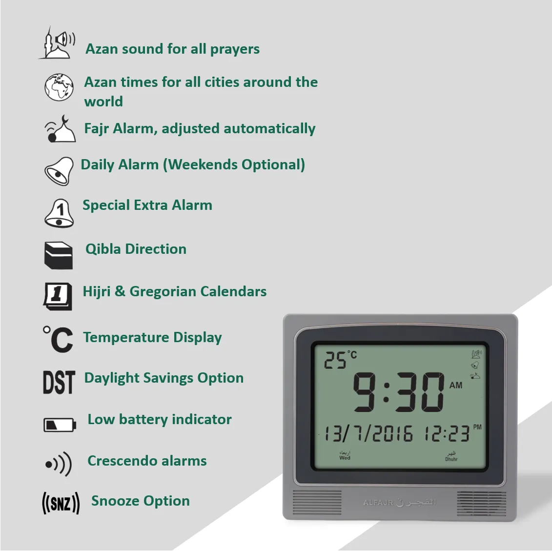 Alfajr Square Wall & Table Automatic Islamic Azan Adhan Prayer Clock CW-05/CW-15