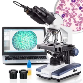 AmScope B120 Series Student & Professional LED Binocular Compound Microscope 40X-2500X Magnification With 5MP Digital Camera, 3D Stage and Interactive Software Kit