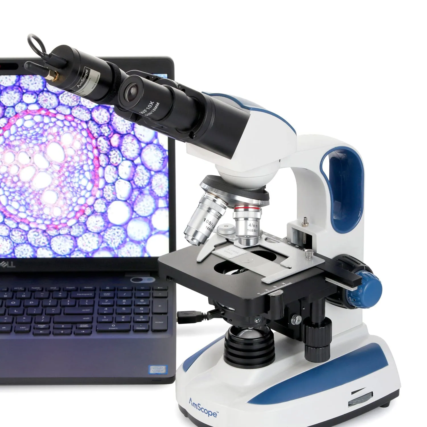 AmScope Binocular Compound Microscope 40X-2500X MagnificationStudent & Professional w/ LED, 3D Stage   Wi-Fi 2.0MP Digital Eyepiece Camera, 50pc Blank Slides & 100pc Cover Slips, 25pc Pipettes