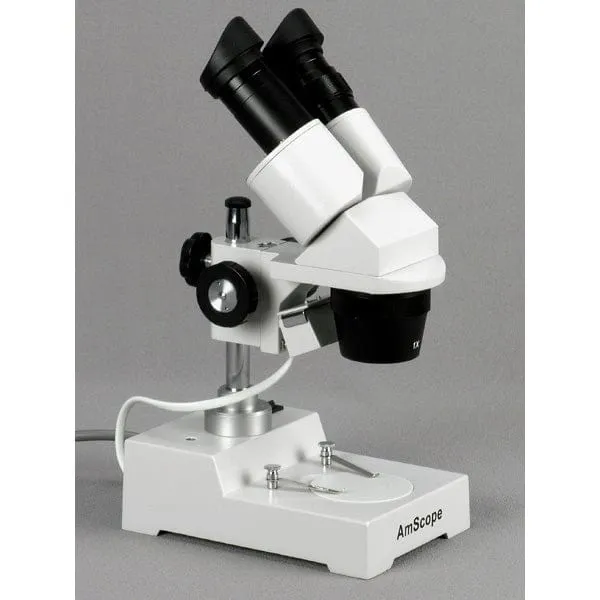 AmScope Compact Multi-Lens Binocular Stereo Microscope 20X-40X Magnification with Reverse Angled Head, Metal Pillar Stand, Top Lighting