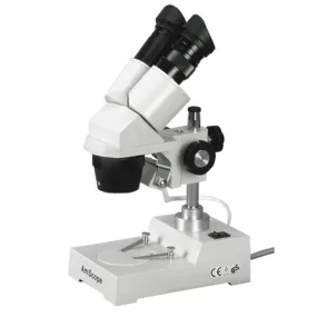 AmScope Compact Multi-Lens Binocular Stereo Microscope 20X-40X Magnification with Reverse Angled Head, Metal Pillar Stand, Top Lighting