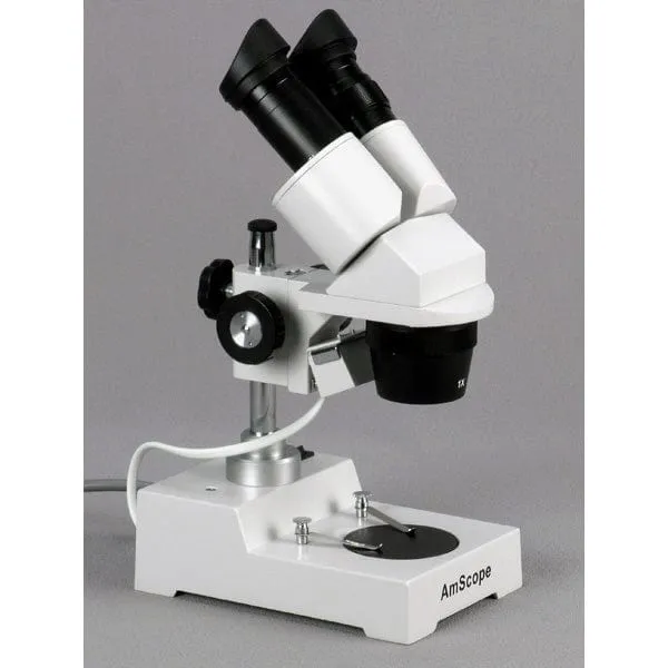 AmScope Compact Multi-Lens Binocular Stereo Microscope 20X-40X Magnification with Reverse Angled Head, Metal Pillar Stand, Top Lighting