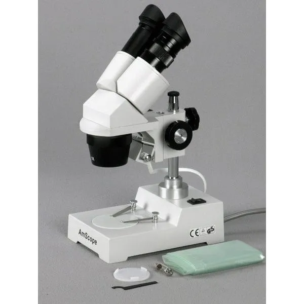 AmScope Compact Multi-Lens Binocular Stereo Microscope 20X-40X Magnification with Reverse Angled Head, Metal Pillar Stand, Top Lighting