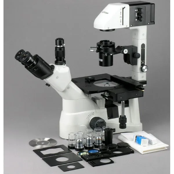 AmScope IN480 Series Inverted Infinity-corrected Phase-contrast Trinocular Compound Microscope 40X-1500X Magnification with Koehler Illumination and 11.6" 60fps Real-time Imaging system
