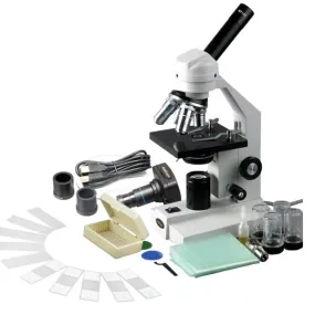 AmScope M500 Series Student Monocular Compound Microscope 40X-1600X Magnification with USB Digital Camera and Slides