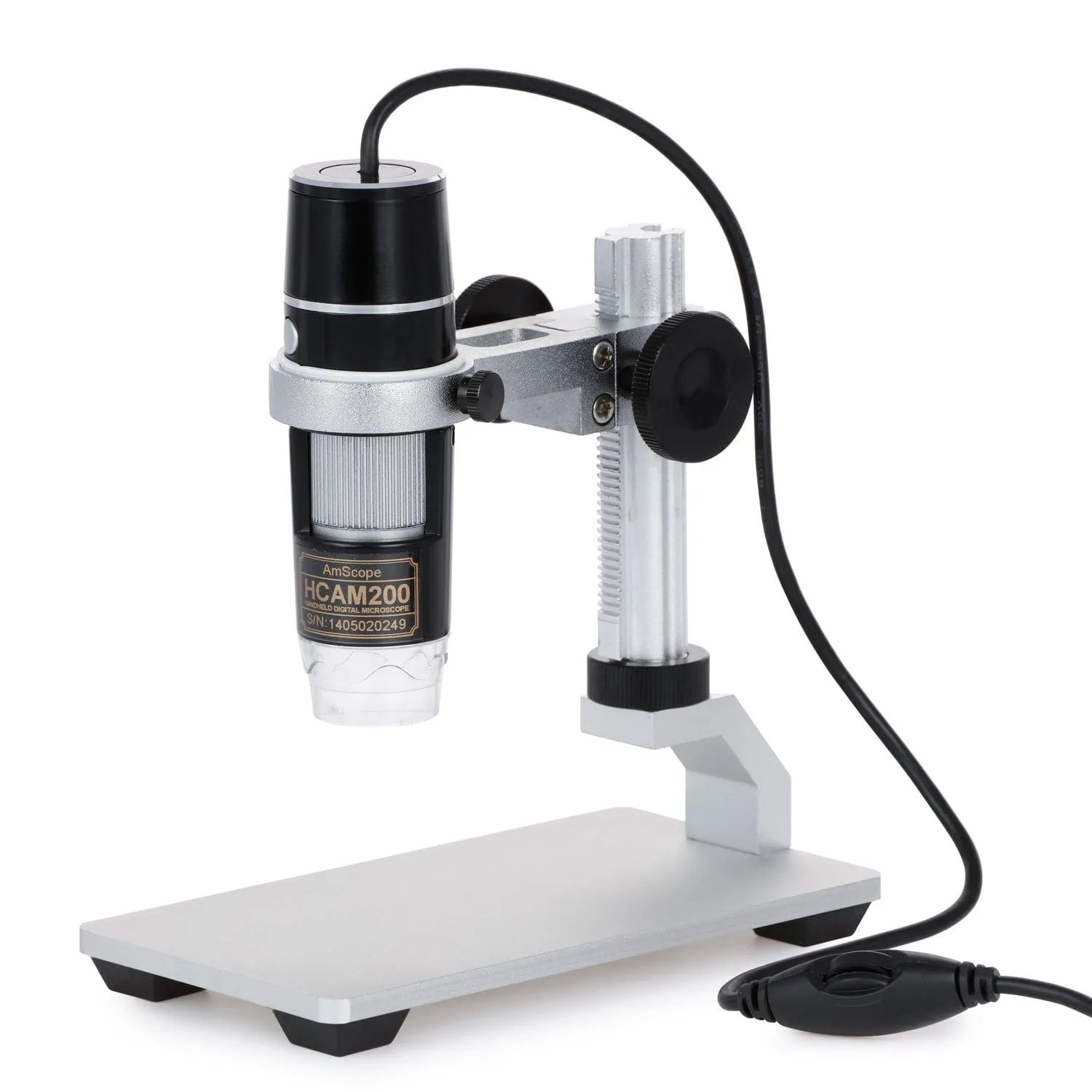 AmScope UTP Series 2.0MP 3D Zoom USB Handheld Digital Microscope 5X-200X Magnification on Metal Track Stand with 8-LED Light