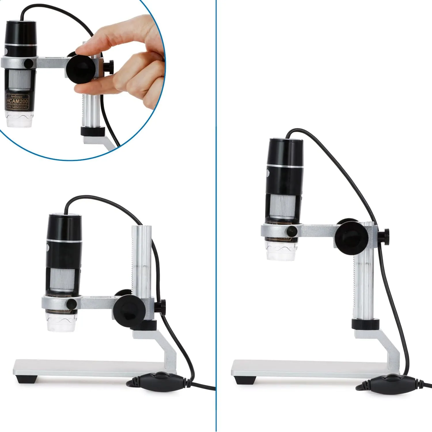 AmScope UTP Series 2.0MP 3D Zoom USB Handheld Digital Microscope 5X-200X Magnification on Metal Track Stand with 8-LED Light