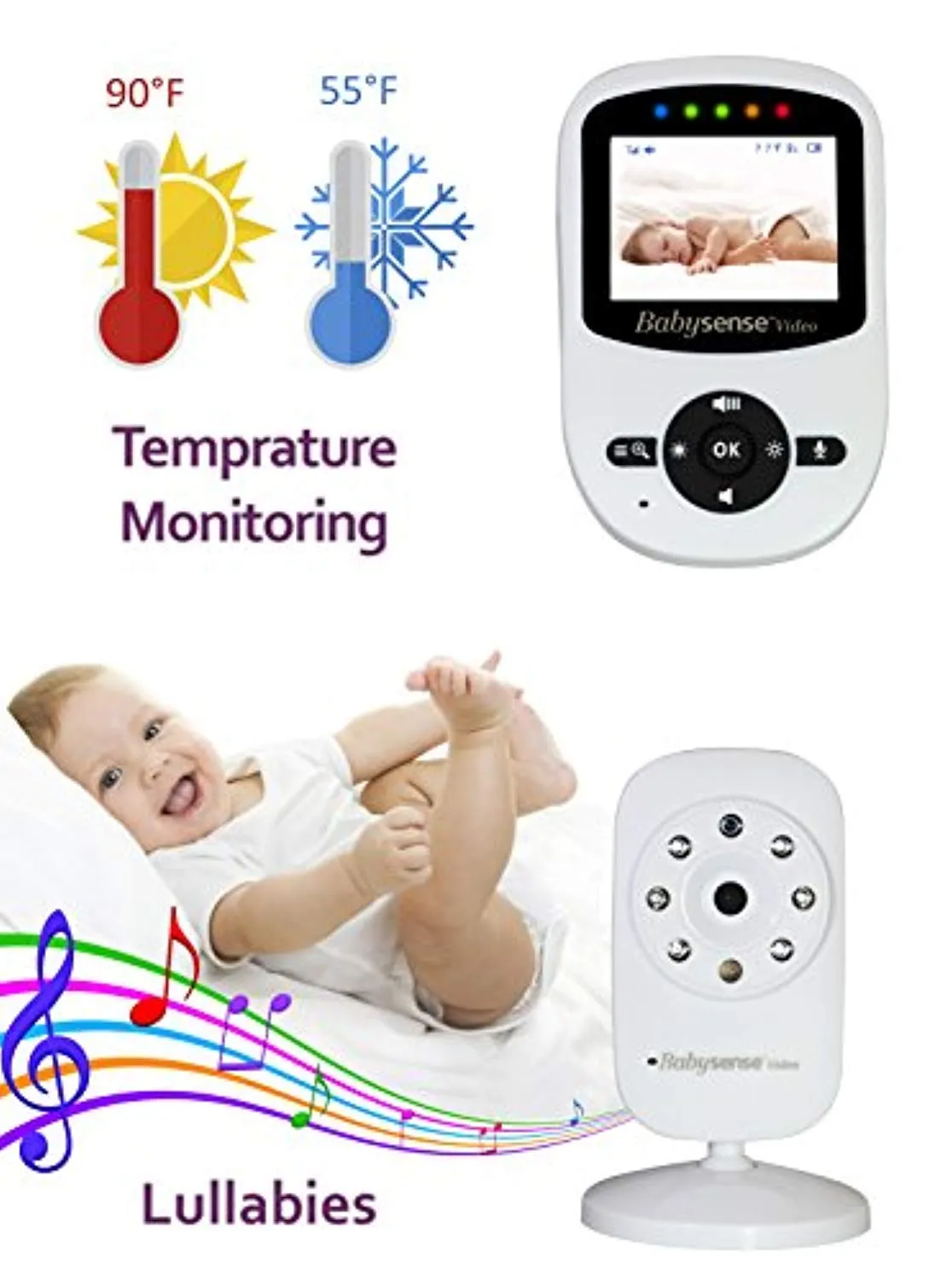 Babysense Video Baby Monitor with Two Digital Cameras, LCD Display, Infrared Night Vision, Two Way Talk, Room Temperature, Lullabies, Long Range