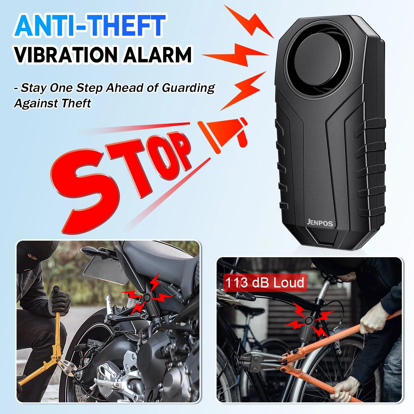 Bike Alarm, 113dB Loud Waterproof Wireless E-Bike Motorcycle Alarm with Remote, Anti-Theft Vibration Motion Sensor Multipurpose Security Alarm System, Ebike Accessories