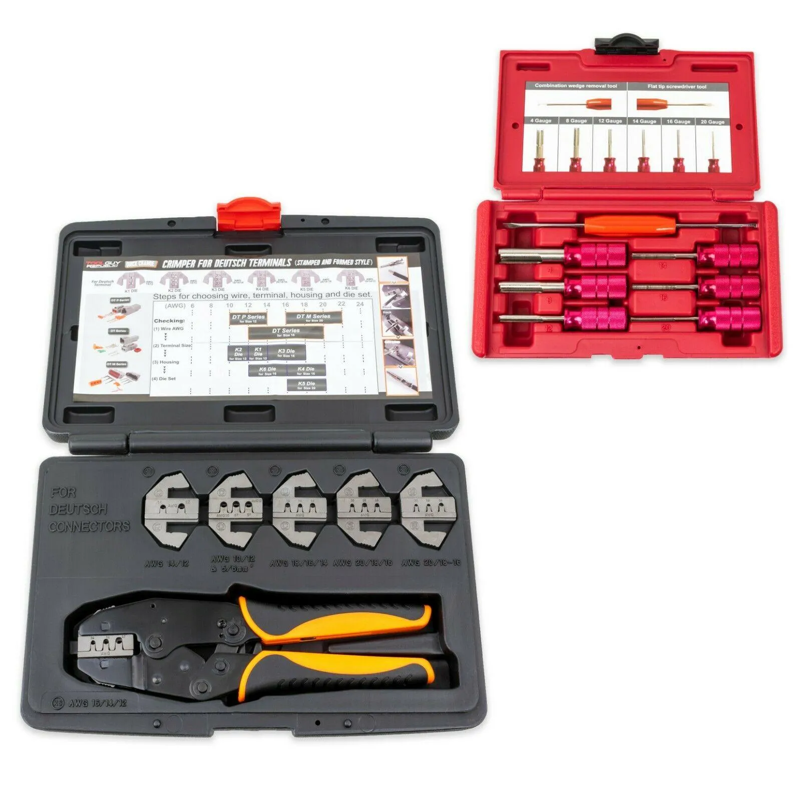 Deutsch Terminal Ratcheting Crimping Tool- Includes 6 Quick Change Dies PLUS 7pc Deutsch Terminal Release/Removal Tool Kit