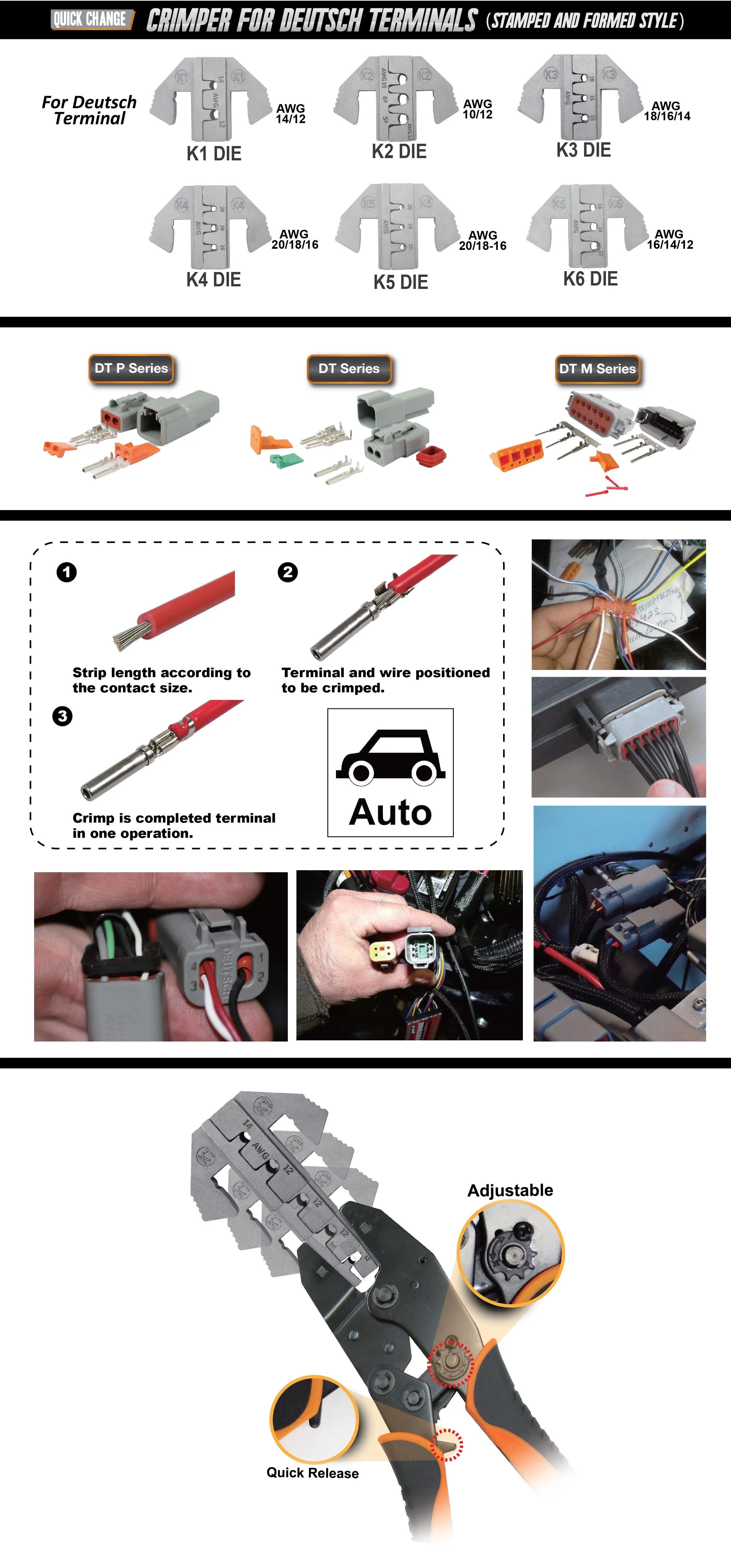 Deutsch Terminal Ratcheting Crimping Tool- Includes 6 Quick Change Dies