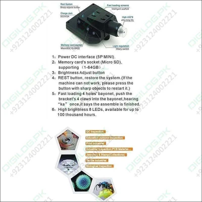 Digital Microscope 4.3in Hd Led 3.6mp 1-600x Continuous Magnifier