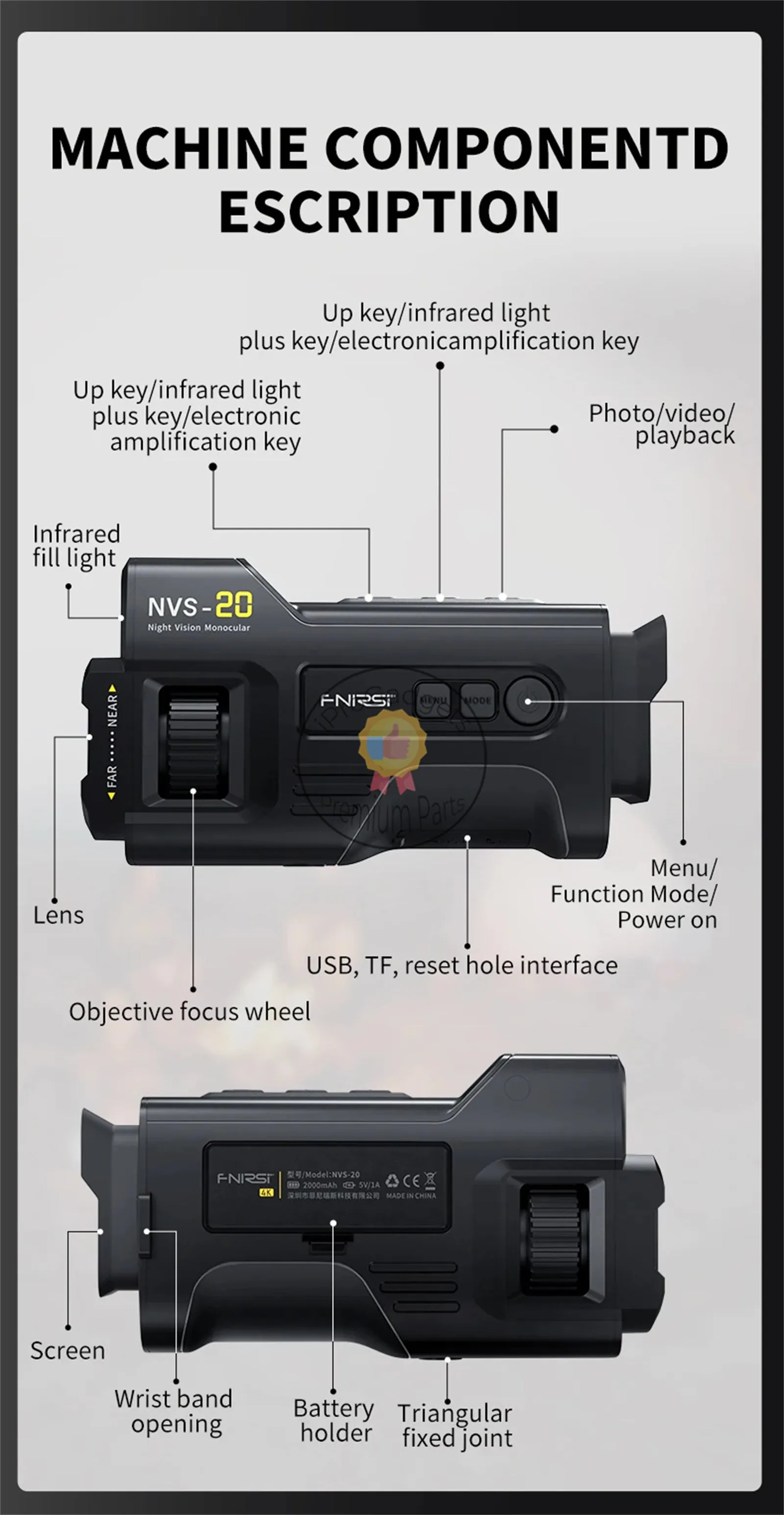 Fnirsi NVS-20 4K UHD Infrared Night Vision Monocular Telescope 300M 36MP 6X Zoom Digital Monoculars for Hunting Camping Outdoor