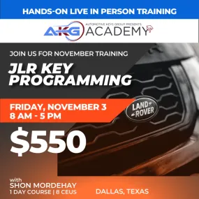 Hands-On Live In-Person Training - JLR Key Programming With Shon Mordehay - 1 Day Course - 8 CEU's (November 3, 2023 - Dallas, Texas)