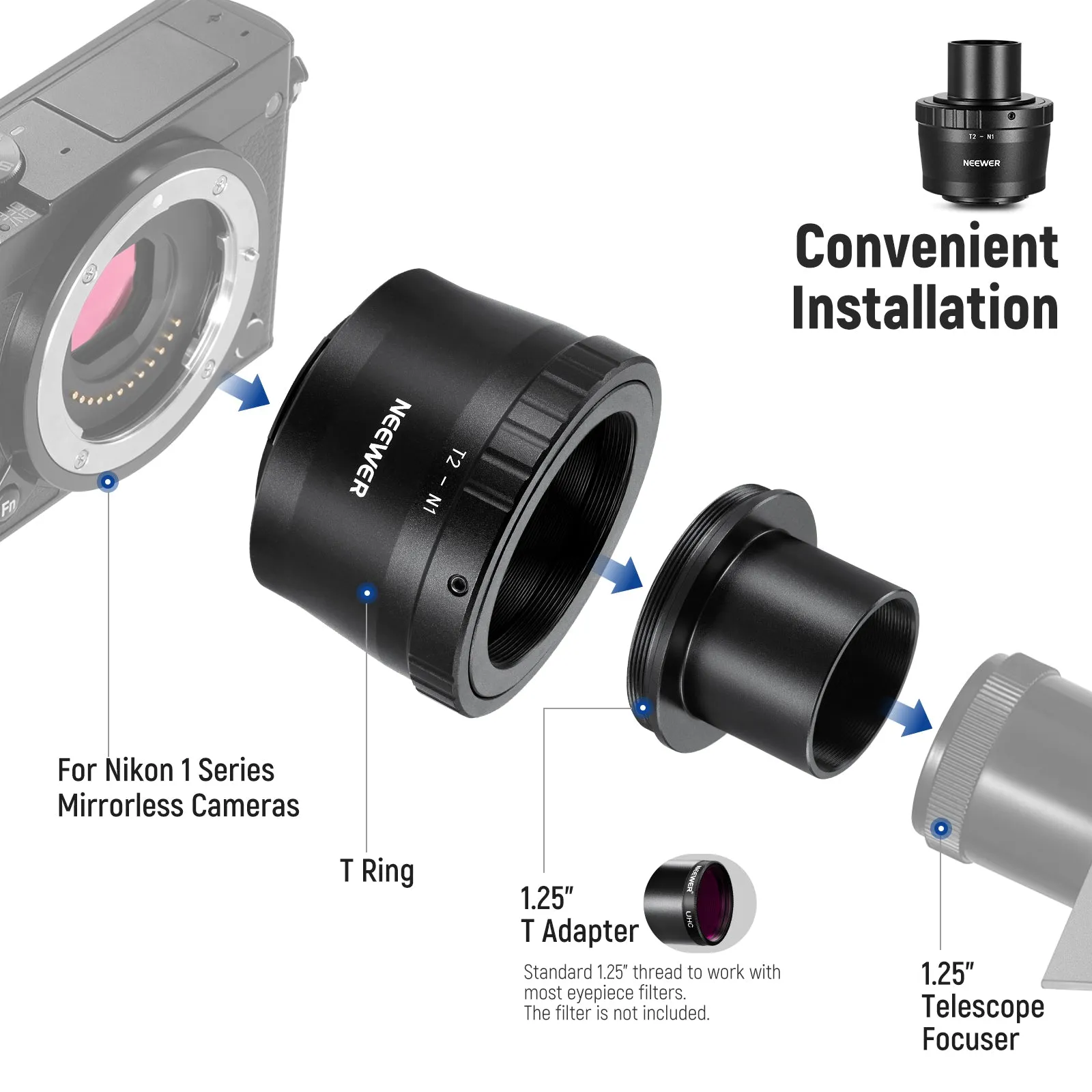 NEEWER LS-T10 T Ring Adapter Set for Nikon 1 Series Mirrorless Cameras