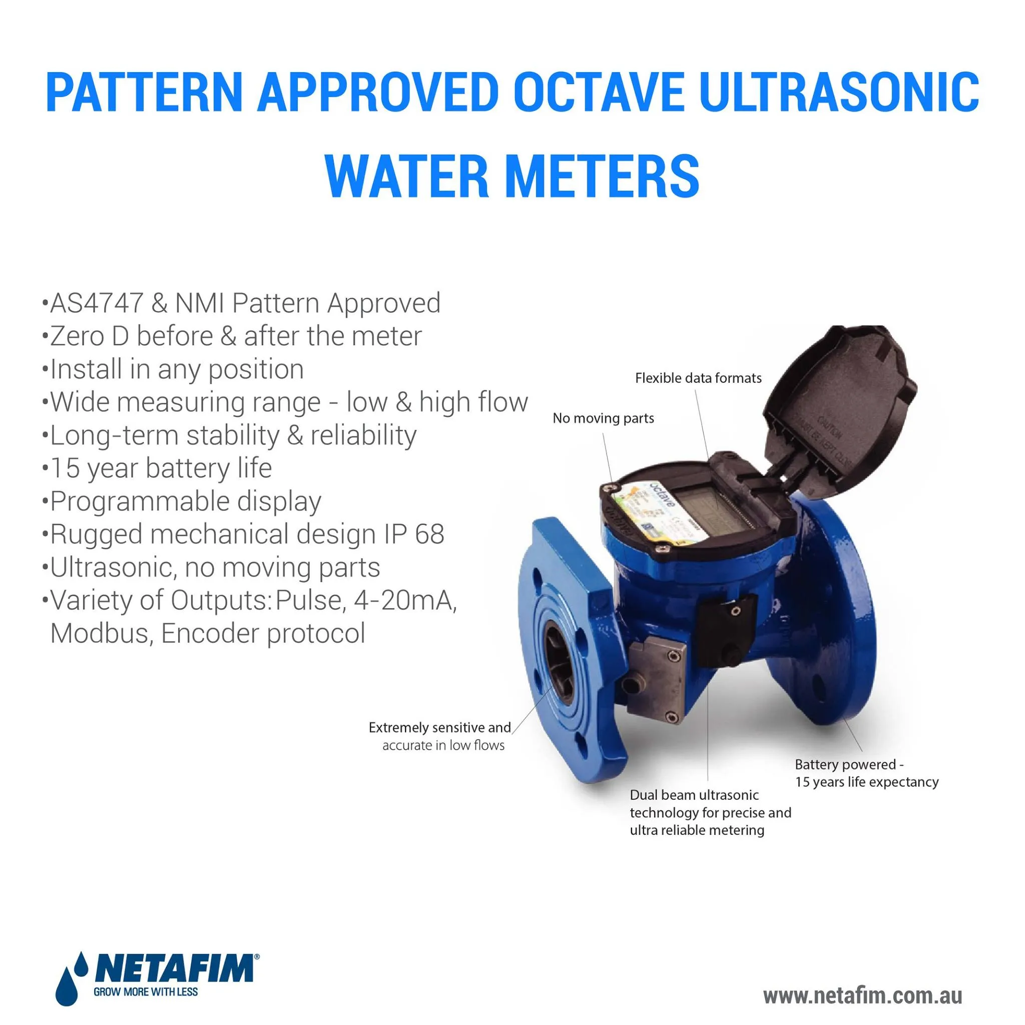 Netafim Octave Ultrasound Digital Water Meters - NMI-M10 & AS4747 Pattern Approved (50-300mm)