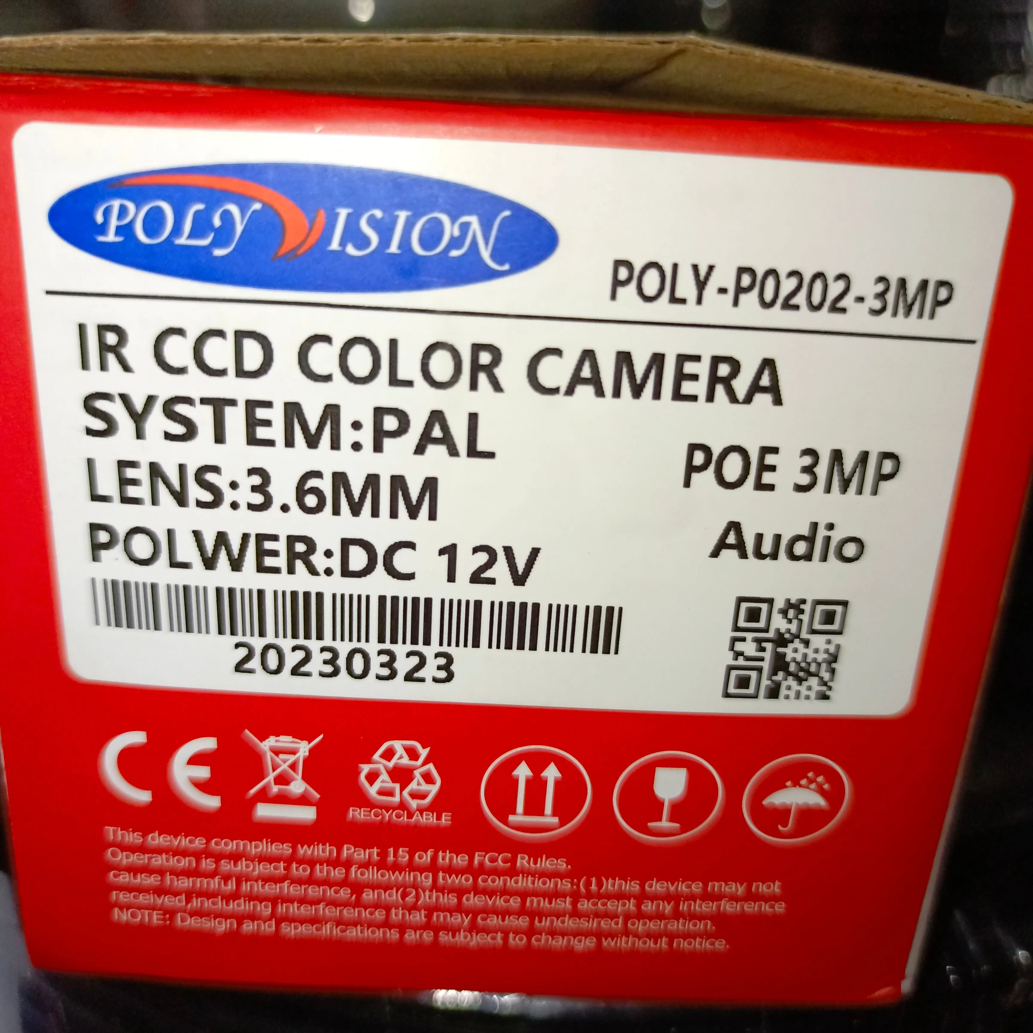 POLYVISION IR-CCD Color IP Turret Camera (3.6mm 3MP Lens) with PoE Audio - Brand New