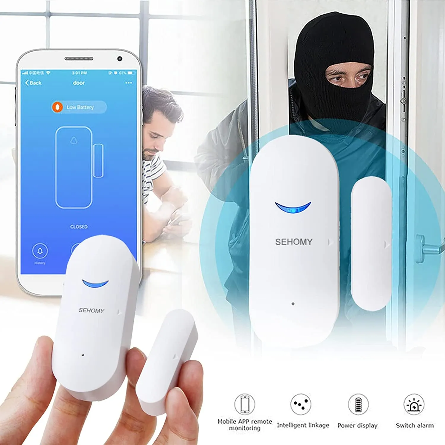 SEHOMY 4 Pack Smart Door Sensor Alarms, Wifi Window Sensor Detector Real-Time Alarm Compatible with Alexa Google Assistant, Wireless Home Security Door Open Contact Sensor for Bussiness Burglar Alert