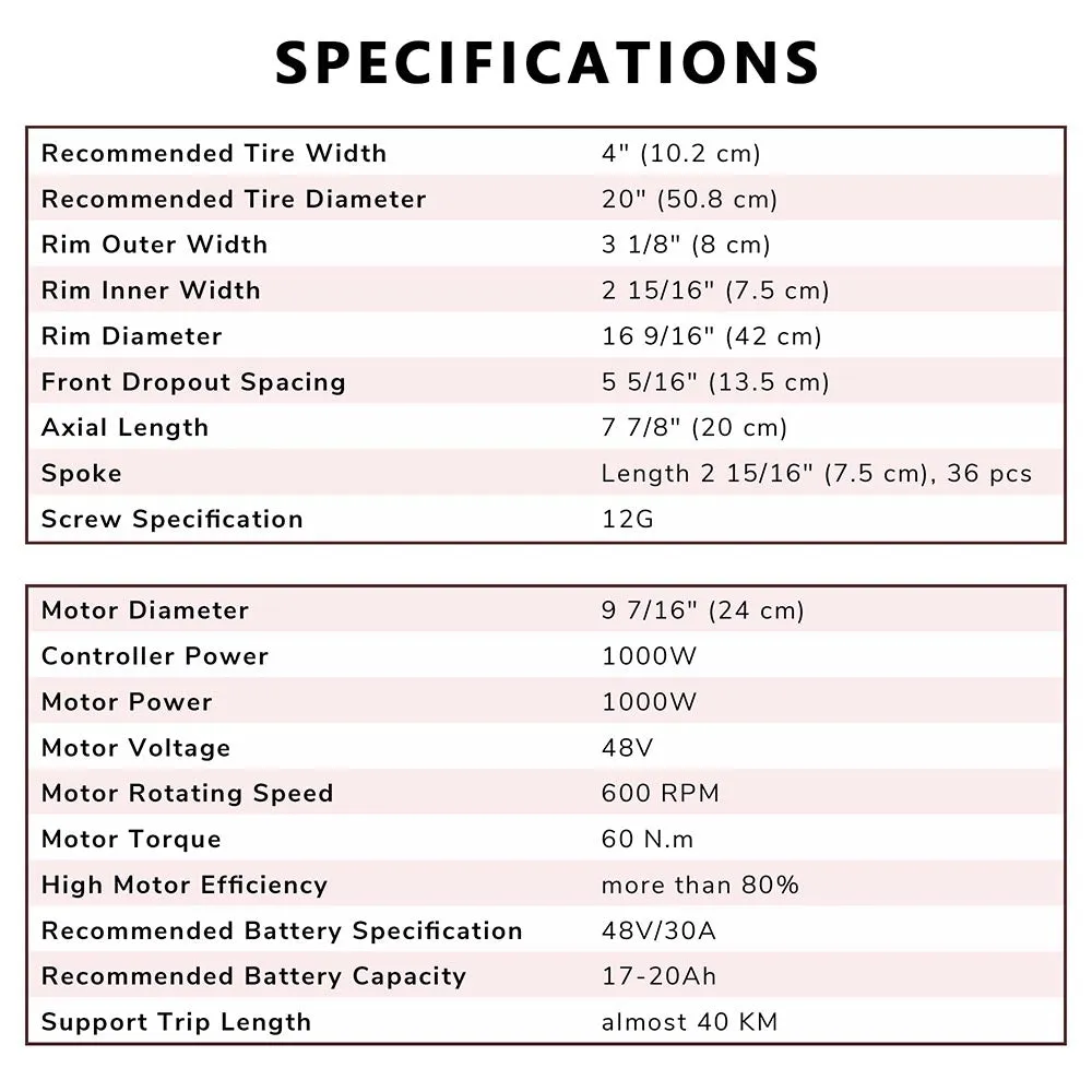 Yescom 20" Front Wheel Electric Bicycle Motor Fat Tire Kit 48v 1000w
